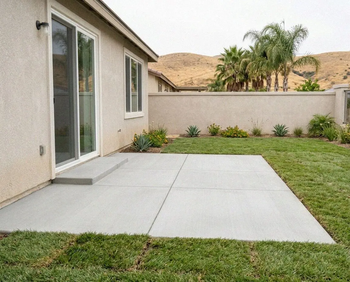 Finished broom finish concrete patio behind a home in Moreno Valley