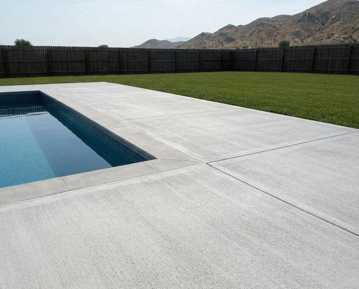 Fresh concrete pool deck around a backyard pool in Moreno Valley.