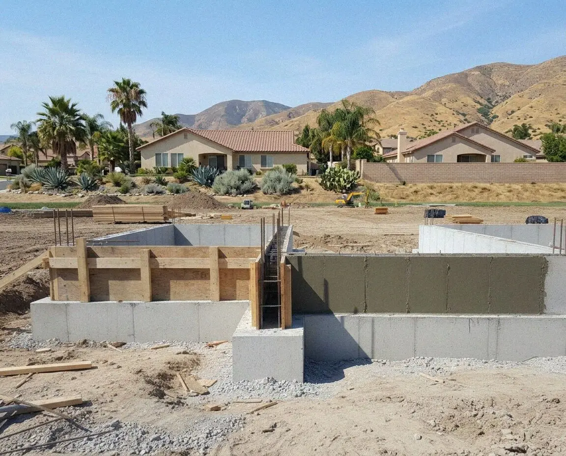 Steel reinforced concrete foundation pour at a Moreno Valley house
