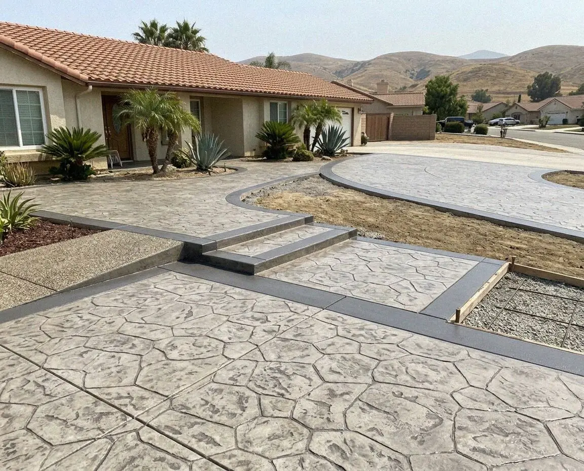 Stamped concrete patio poured behind a Moreno Valley single family home